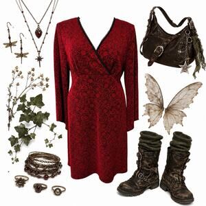 Vintage Y2K Babydoll Dress 16W Fairy Grunge‎ Bell Sleeve Black Red Deadstock 90s